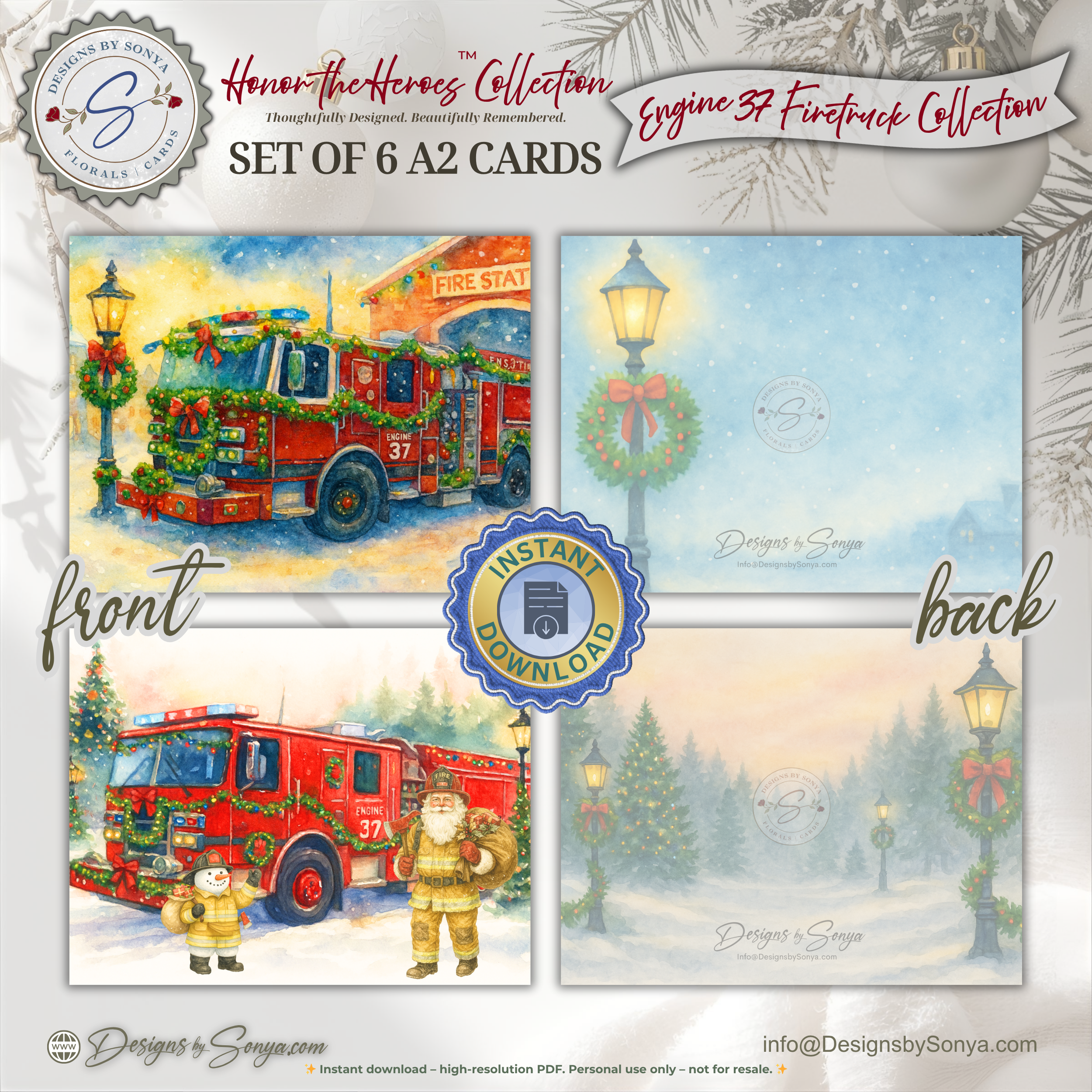 Engine 37 Firetruck Printable Christmas Note Cards | Set of 6 A2 - 5.5"x4.25"| Honor the Firefighter and First Responder Heroes