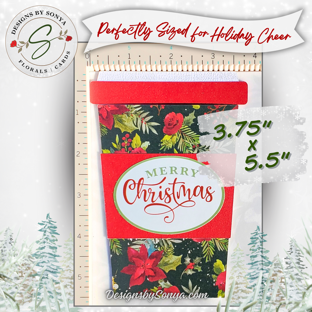 Handmade Christmas Gift Card Holder | Coffee Cup Gift Card Holder for Teachers, Coworkers & Coffee Lovers | Red Poinsettia Holiday Floral Design