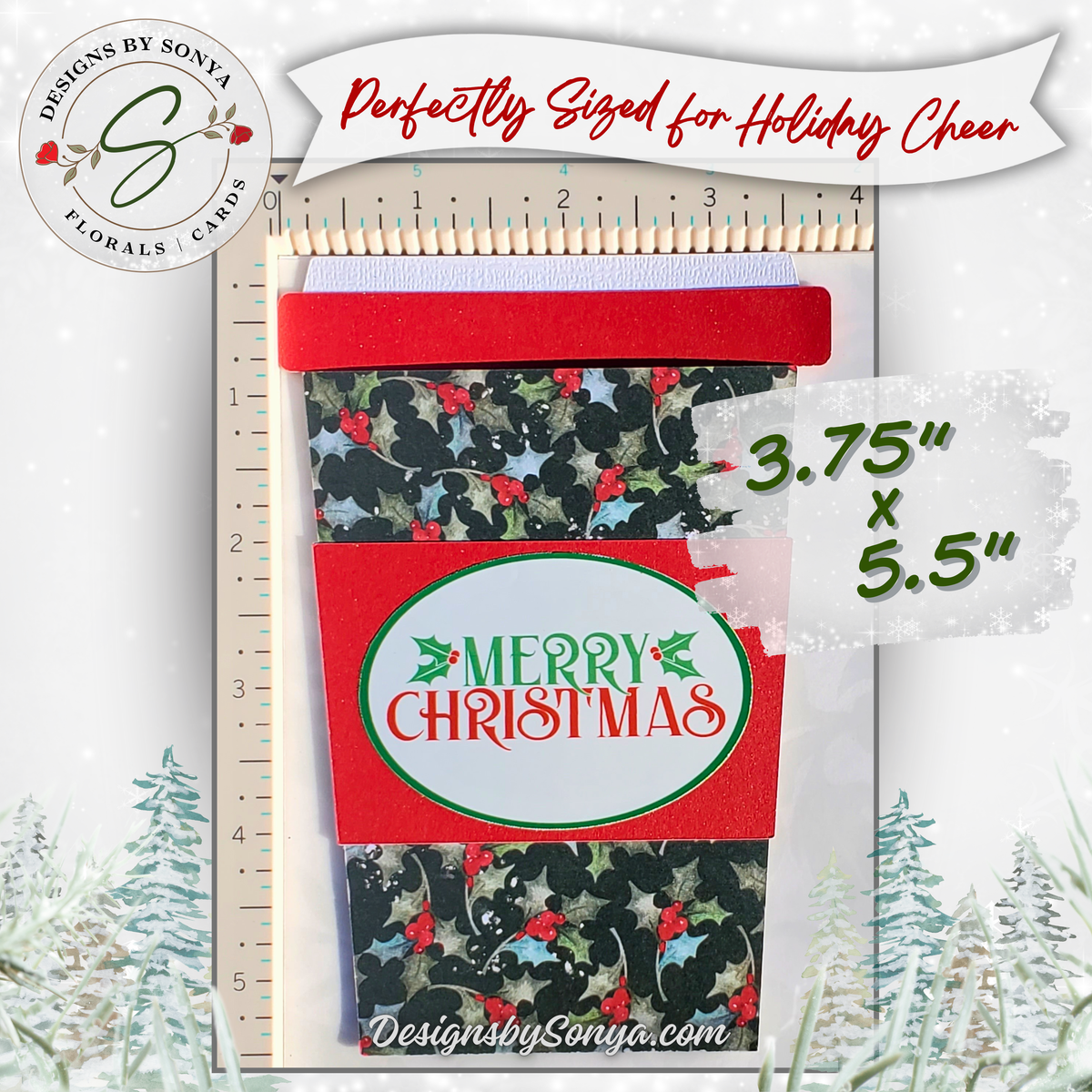 Handmade Christmas Gift Card Holder | Coffee Cup Gift Card Holder for Teachers, Coworkers & Coffee Lovers | Holly & Red Berries Design