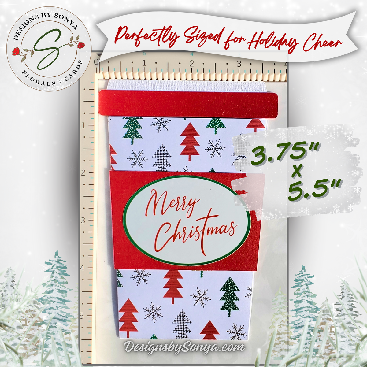 Handmade Christmas Gift Card Holder | Coffee Cup Gift Card Holder for Teachers, Coworkers & Coffee Lovers | Red & Green Christmas Trees