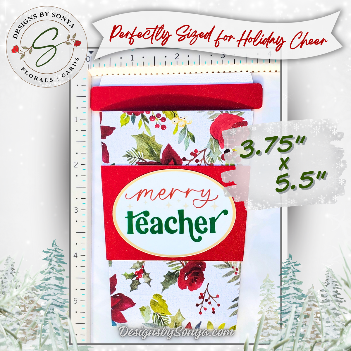 Handmade Christmas Gift Card Holder | Merry Teacher Coffee Cup Gift Card Holder | Teacher Appreciation Gift with Red Holiday Florals