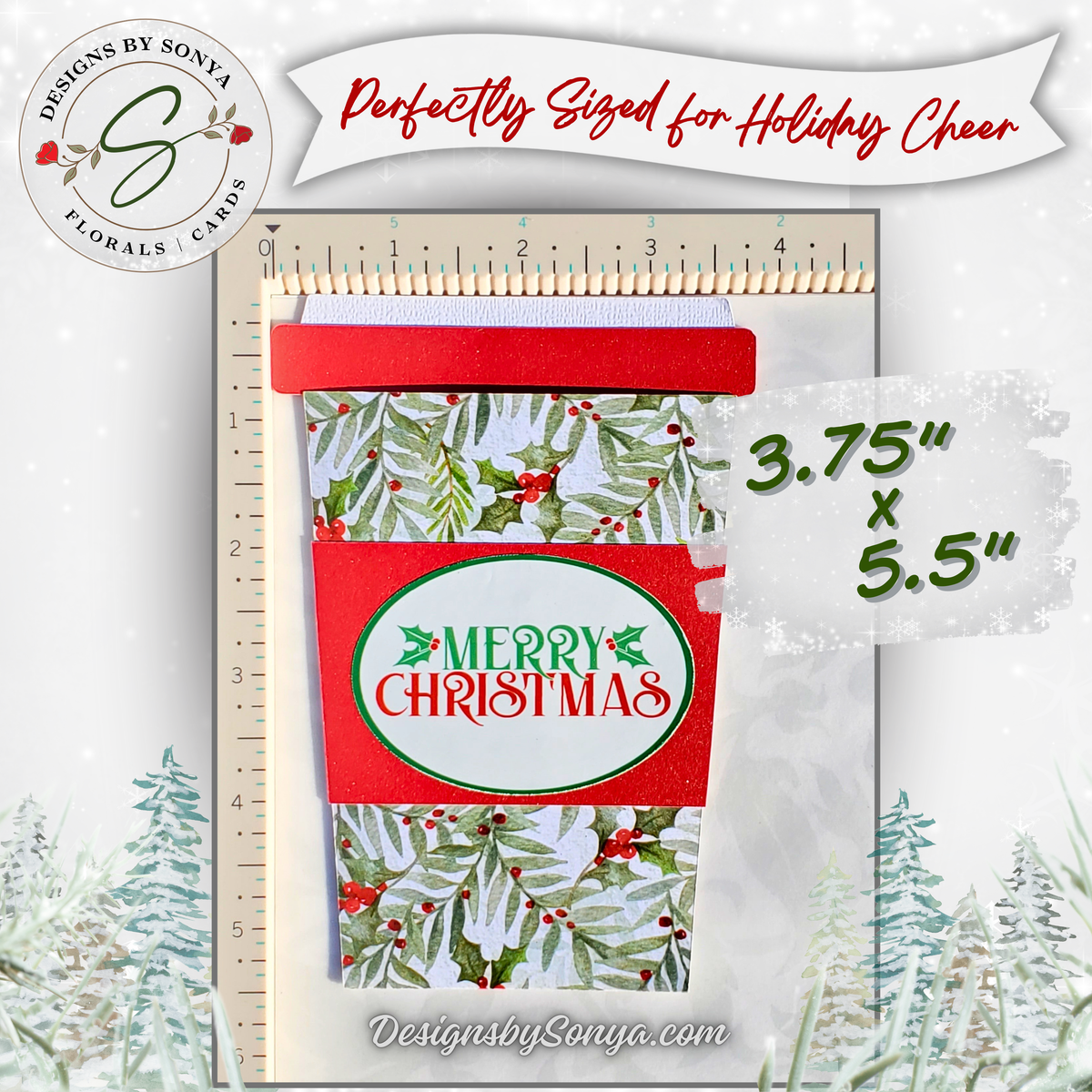 Handmade Christmas Gift Card Holder | Coffee Cup Gift Card Holder for Teachers, Coworkers & Coffee Lovers | Winter Greenery & Holly Design