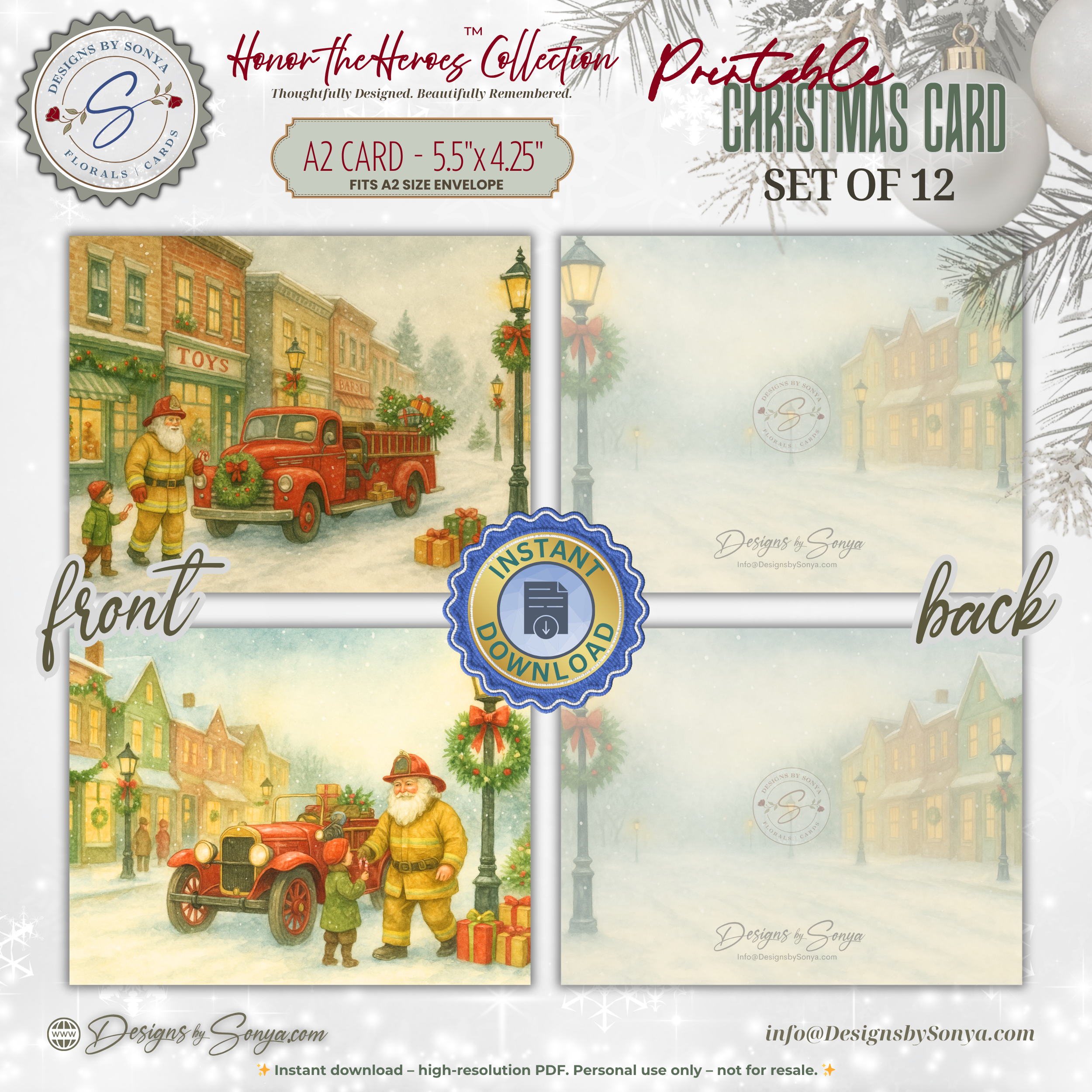 Printable Firefighter Santa Christmas Card Set of 12, A2 Cards (5.5”x4.25”), First Responder Holiday Greetings, Fire Station Watercolor Art