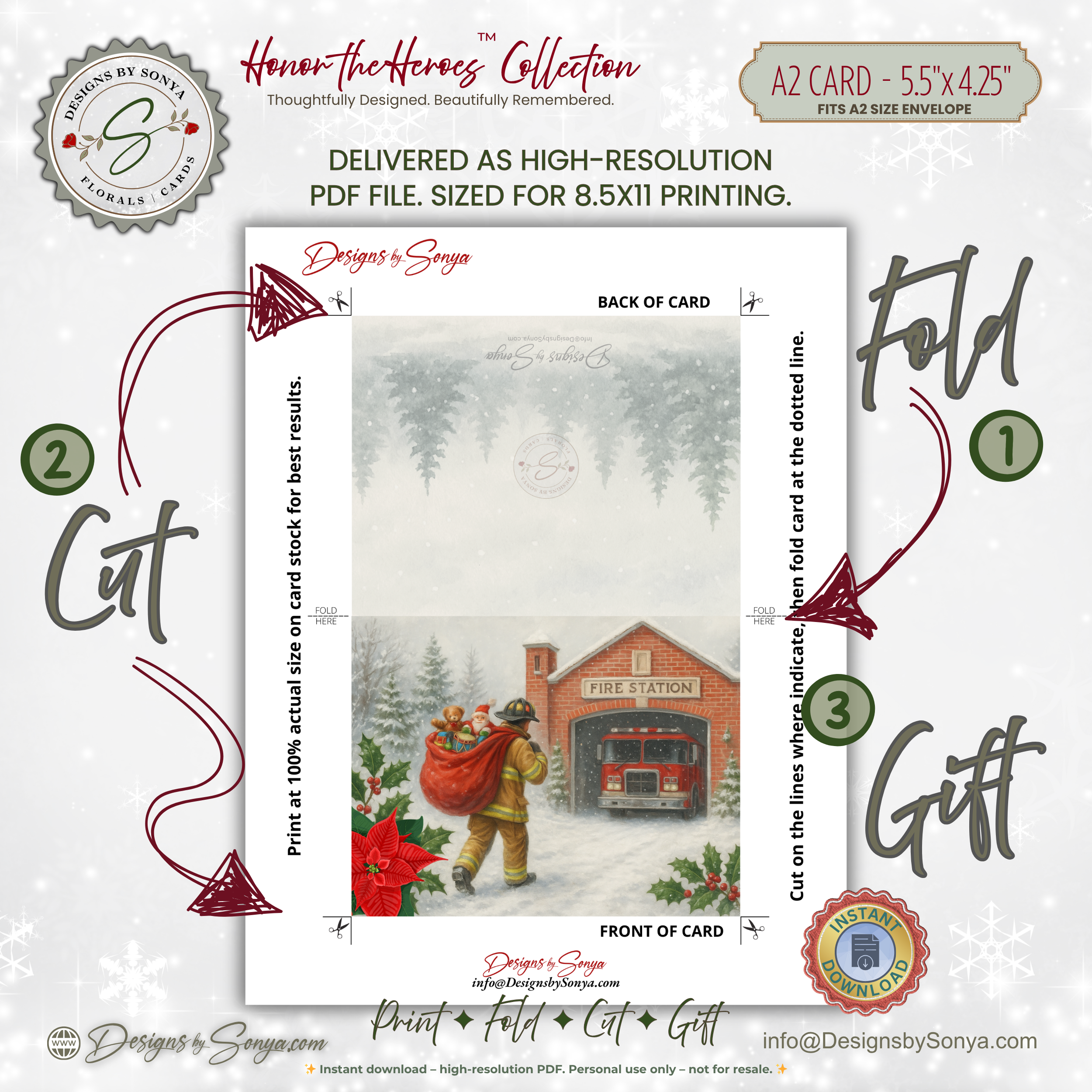 Printable Firefighter Santa Christmas Card • Honor the Heroes Collection • A2 (5.5"x4.25") Folded Card • Holiday Fire Station Art Download