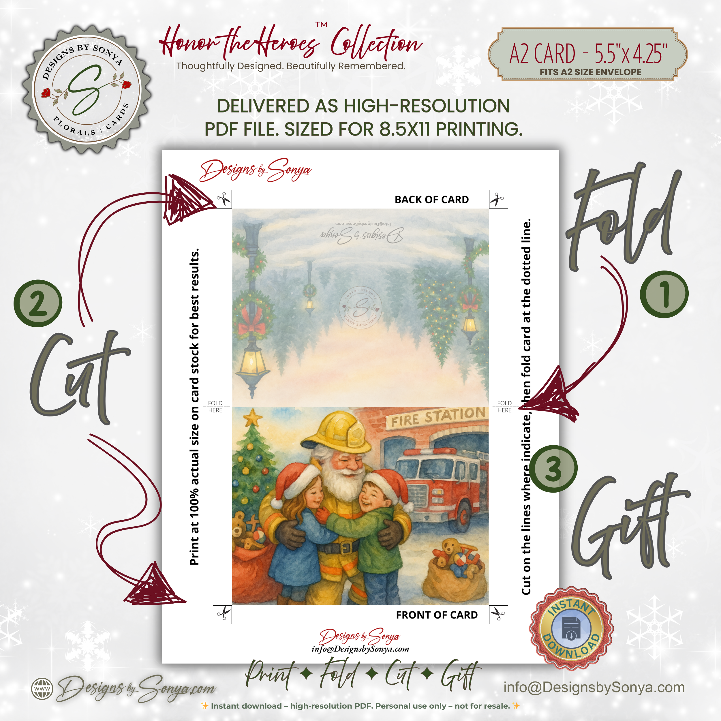 Printable Fireman Santa Christmas Card, Firefighter Holiday Greeting, A2 Card (5.5”x4.25”), First Responder Gift, Watercolor Station Scene, Honor the Heroes