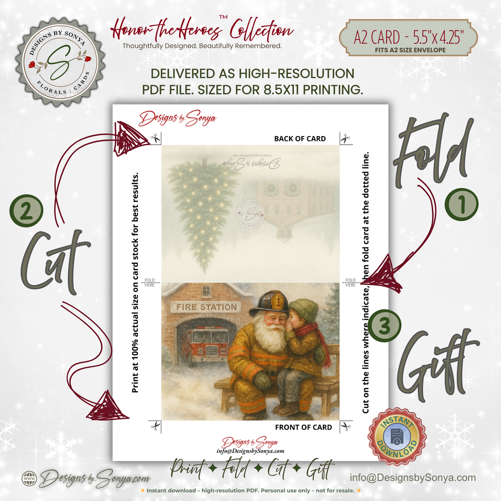 Fireman Santa Printable Christmas Card • A2 (5.5”x4.25”) • Child Whispering at Fire Station, Watercolor First Responder Holiday Art