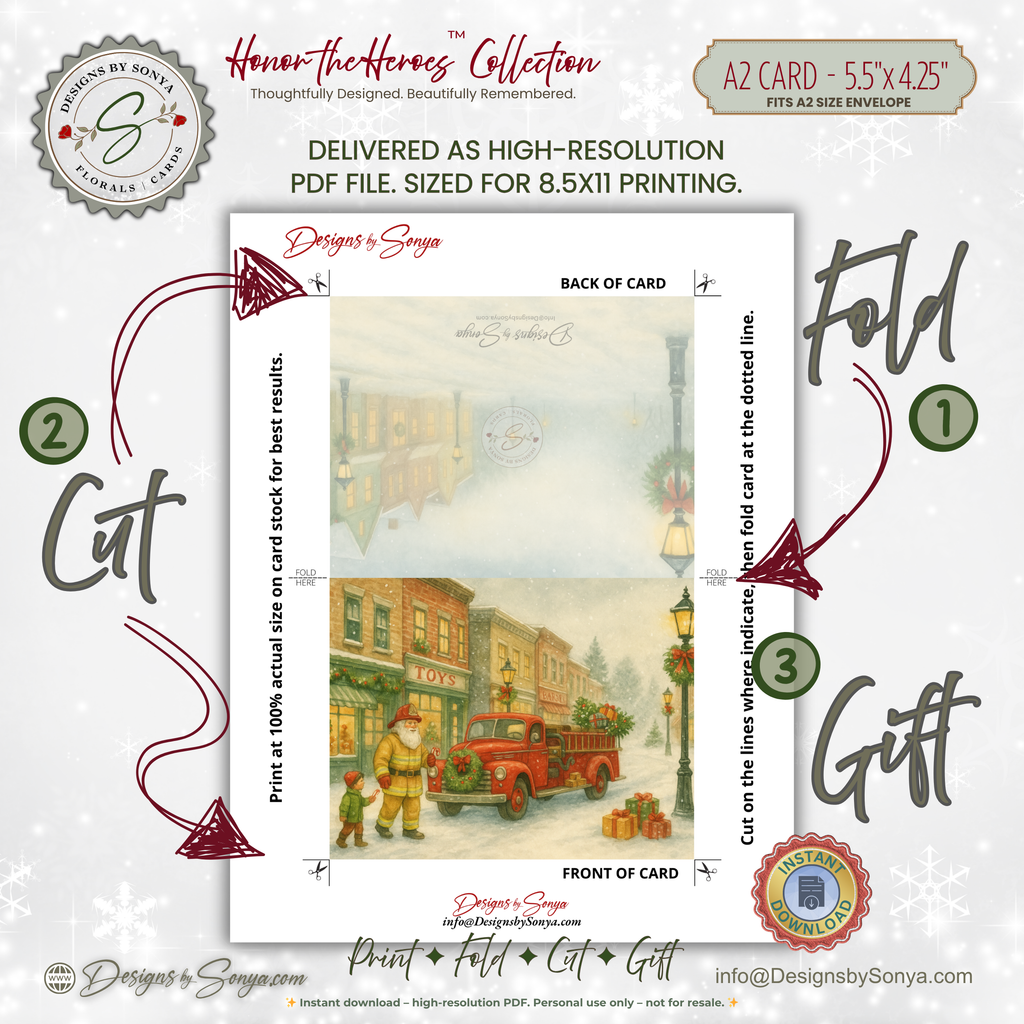 Printable Fireman Santa Christmas Card, Firefighter Holiday Greeting, A2 (5.5”x4.25”), First Responder Gift, Vintage Downtown Toy Shop Scene
