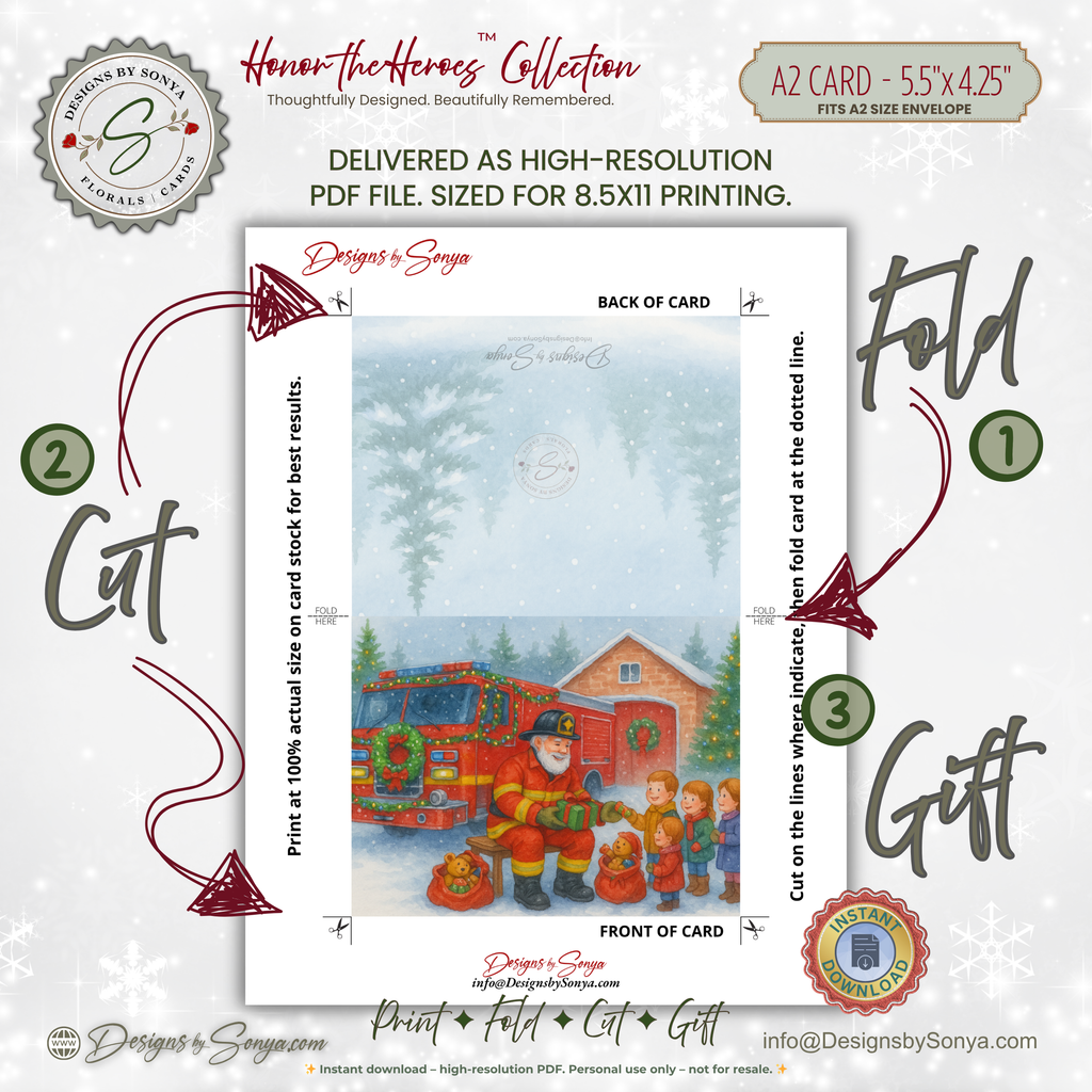 Fireman Santa Printable Christmas Card • A2 (5.5”x4.25”) • Watercolor Firetruck Scene with Kids, Gifts & Holiday Cheer