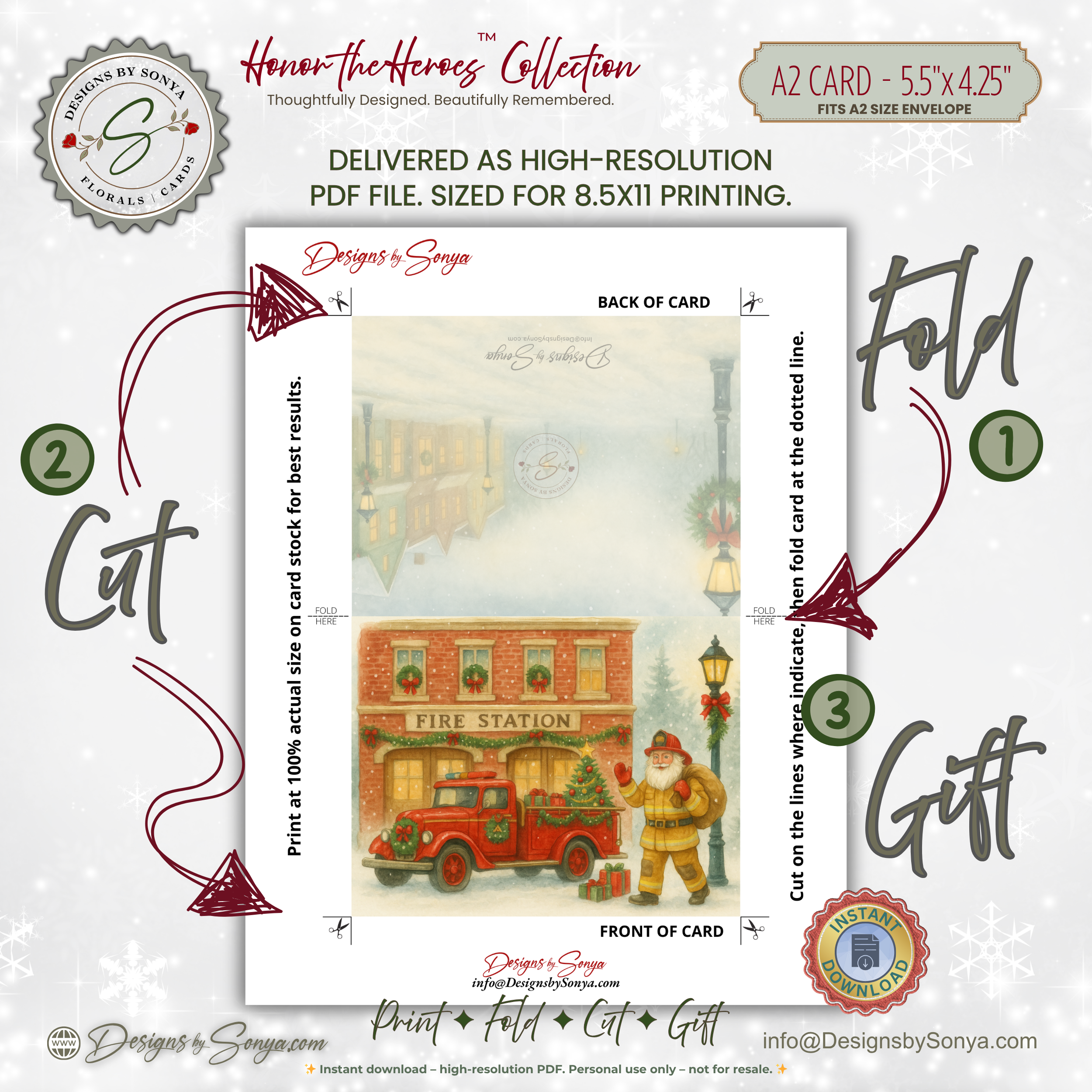 Printable Fireman Santa Christmas Card, Firefighter Holiday Greeting, A2 (5.5”x4.25”), First Responder Gift, Vintage Fire Station Scene