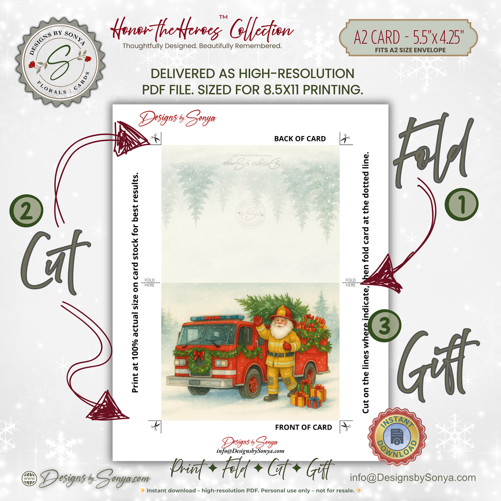 Printable Fireman Santa Christmas Card, Firefighter Holiday Greeting, A2 (5.5”x4.25”), First Responder Gift, Watercolor Fire Truck Scene