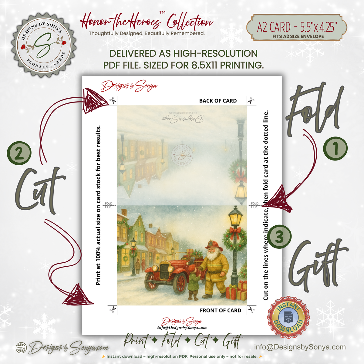 Printable Fireman Santa Christmas Card, Firefighter Holiday Greeting, A2 (5.5”x4.25”), First Responder Gift, Vintage Christmas Street Scene