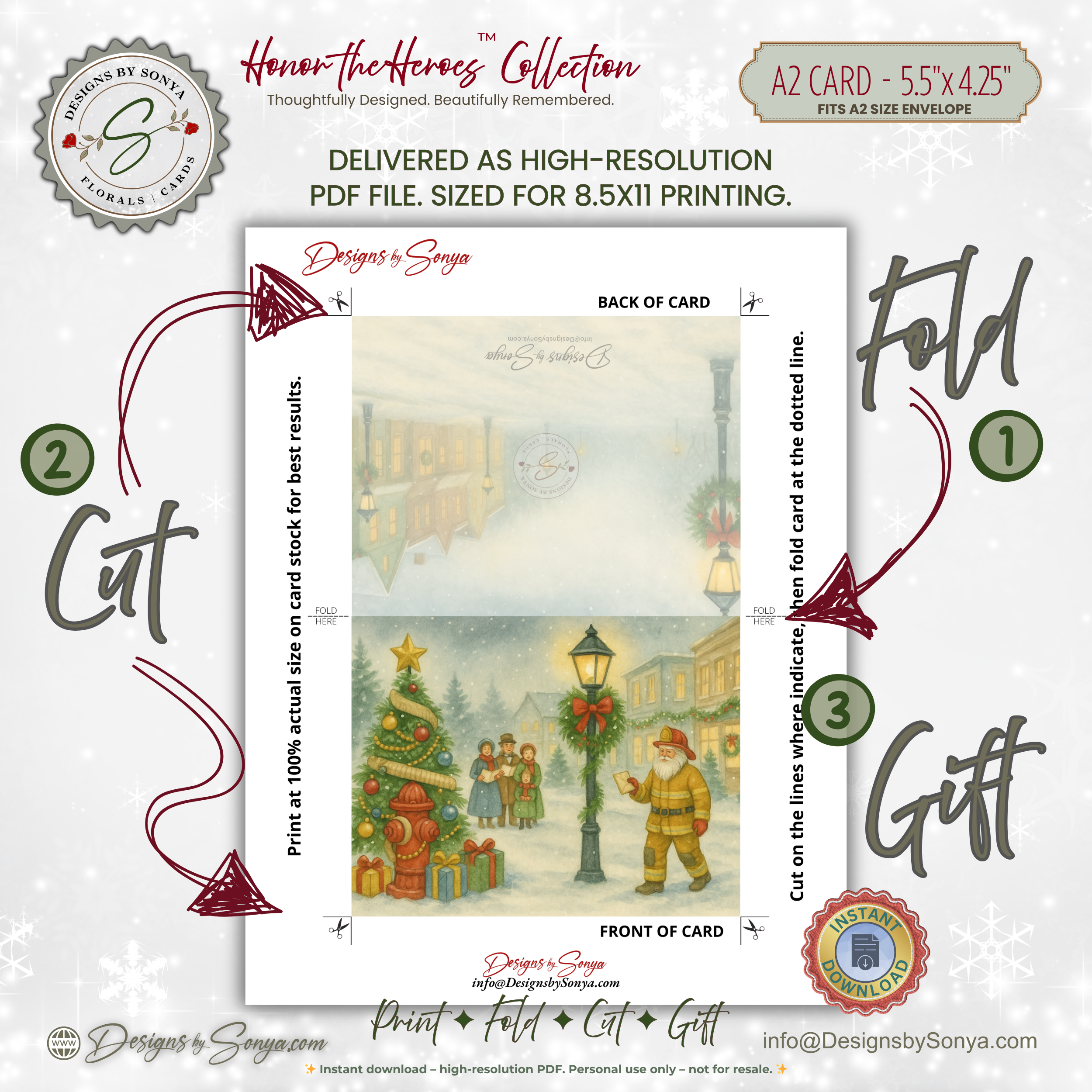 Printable Fireman Santa Christmas Card, Firefighter Holiday Greeting, A2 (5.5”x4.25”), First Responder Gift, Carolers & Decorated Tree Scene