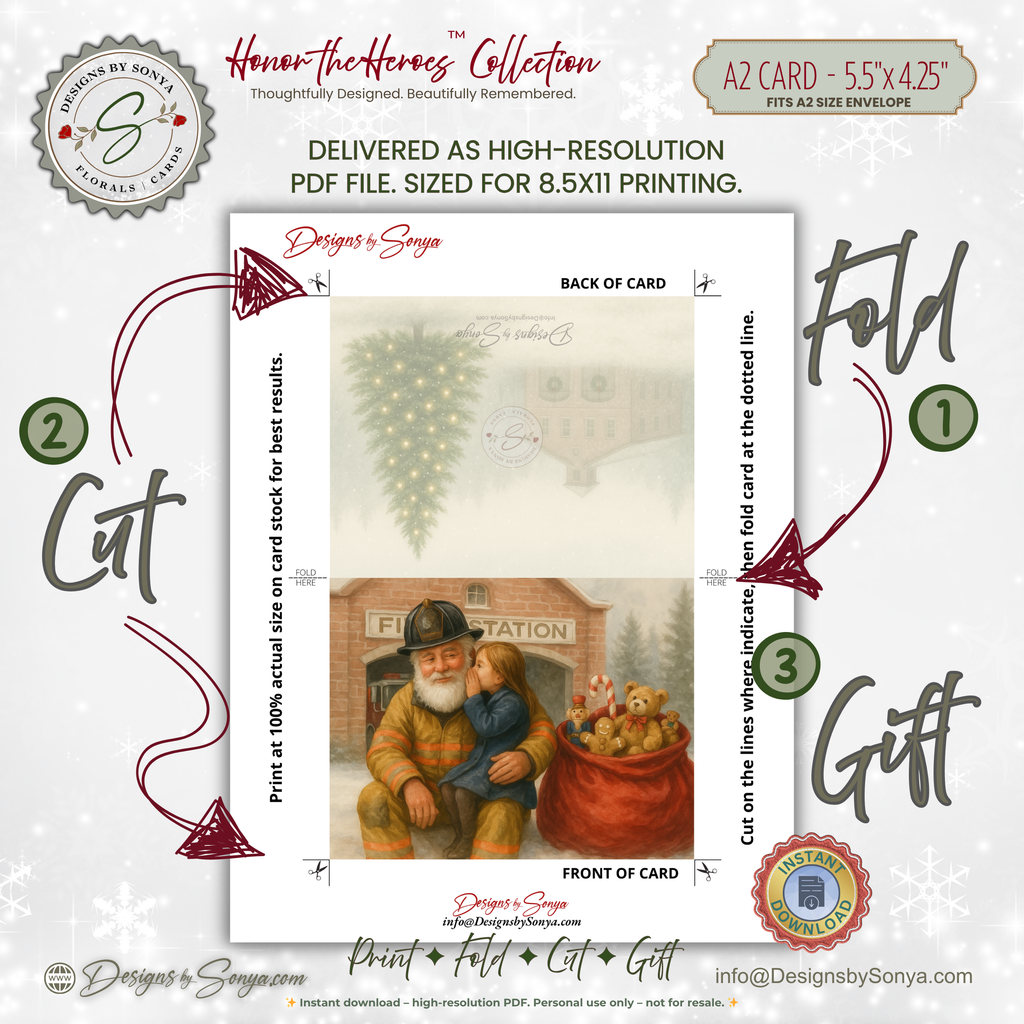 Fireman Santa Printable Christmas Card • A2 (5.5”x4.25”) • Whispering Child, Fire Station Scene, Watercolor First Responder Holiday Art
