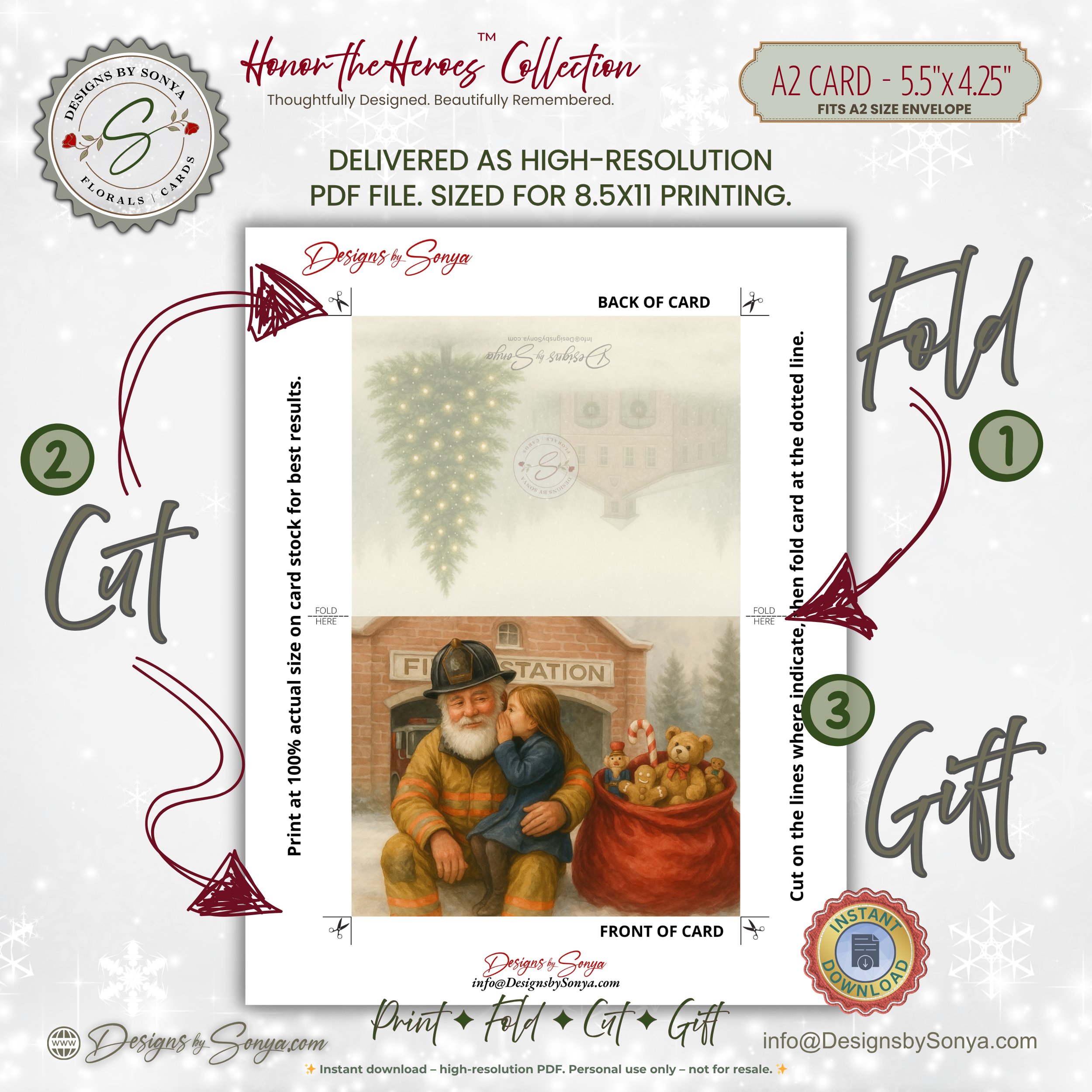 Fireman Santa Printable Christmas Card • A2 (5.5”x4.25”) • Whispering Child, Fire Station Scene, Watercolor First Responder Holiday Art