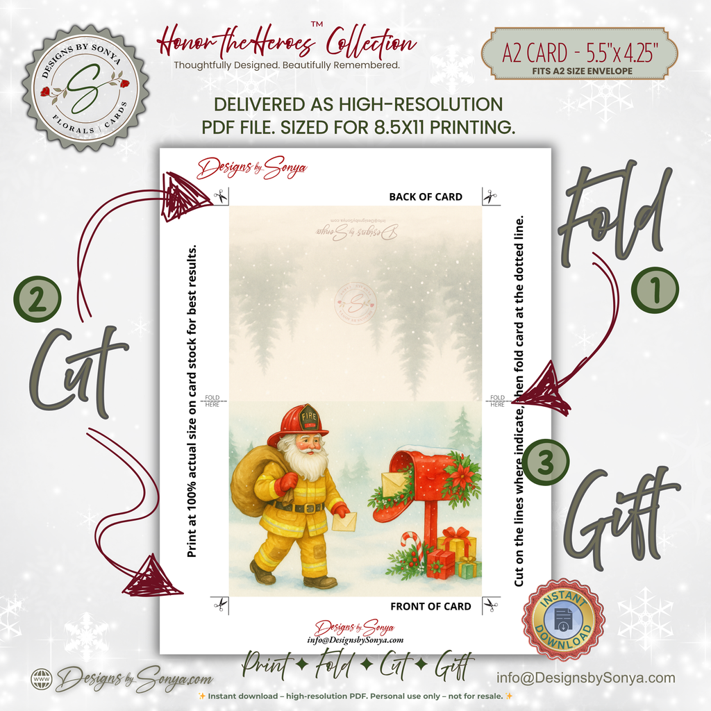 Printable Firefighter Santa Christmas Card, A2 (5.5”x4.25”), Fireman Holiday Greeting, First Responder Gift, Watercolor Art, Mailbox Scene