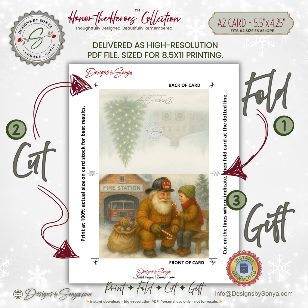 Fireman Santa Printable Christmas Card • A2 (5.5”x4.25”) • Fire Station Scene with Child & Candy Cane, Watercolor Holiday Art