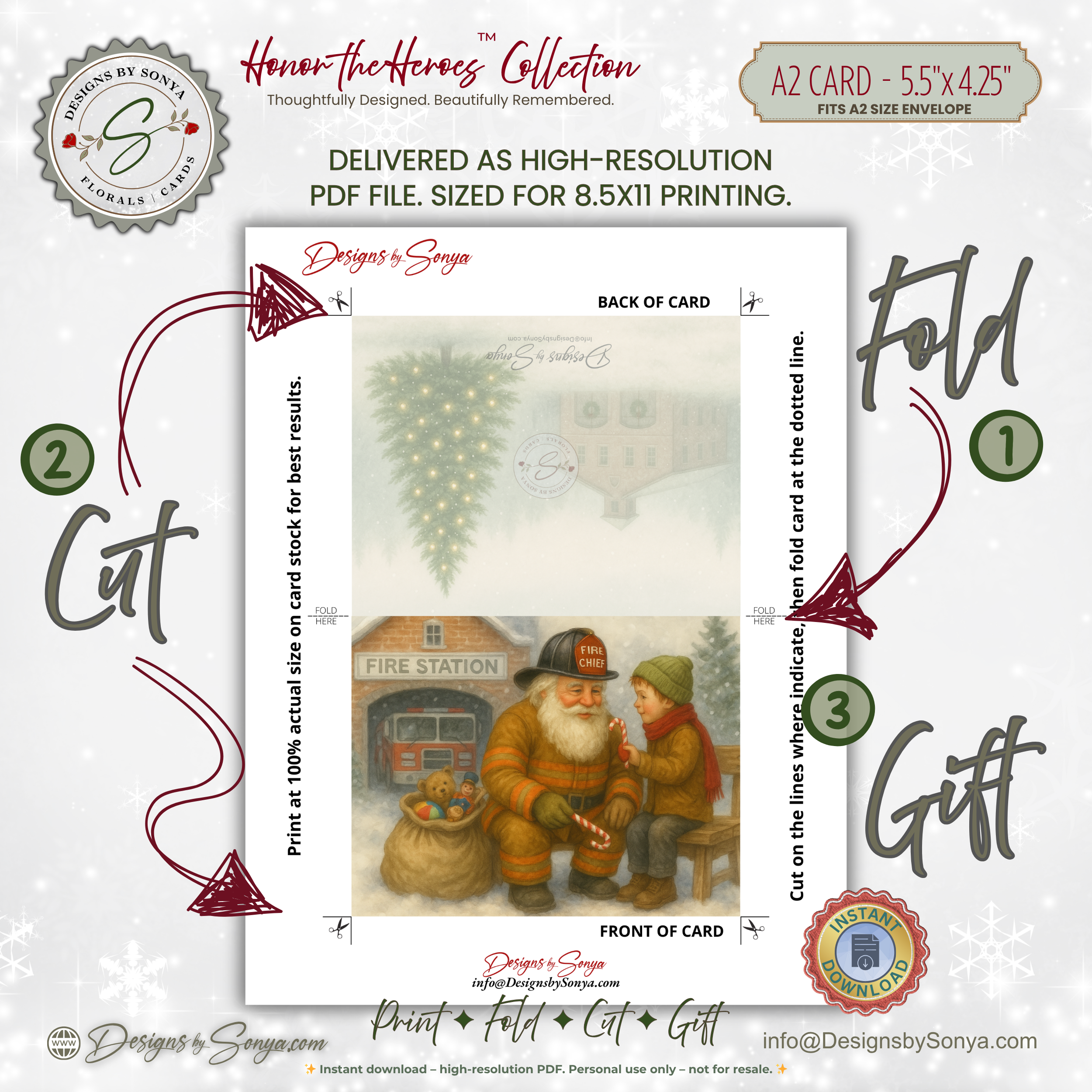 Fireman Santa Printable Christmas Card • A2 (5.5”x4.25”) • Fire Station Scene with Child & Candy Cane, Watercolor Holiday Art