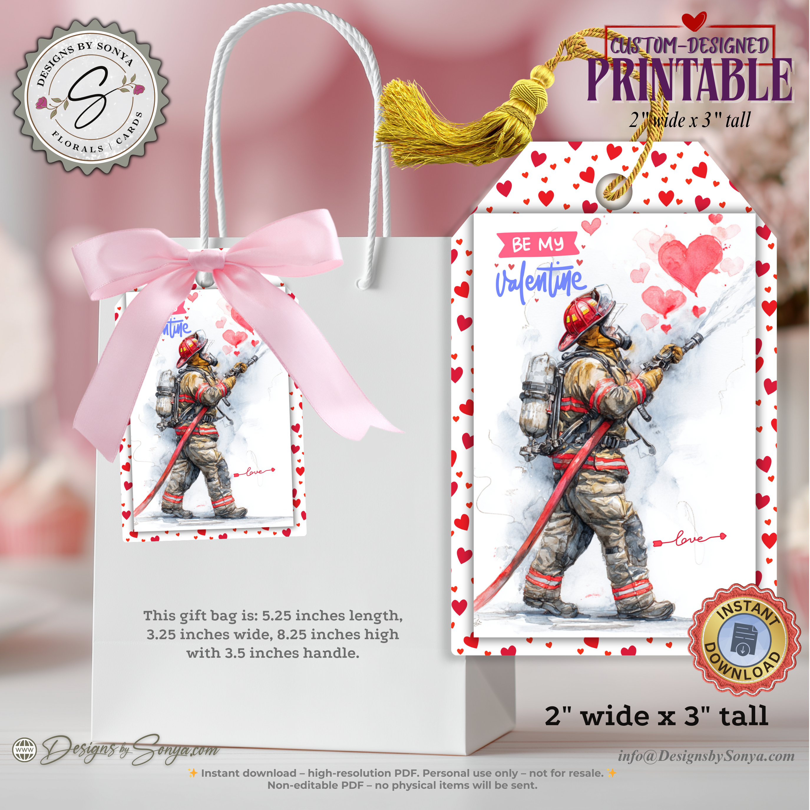 Firefighter Valentine Printable Gift Tags – Watercolor Fireman Valentine’s Day Treat Bag Label – First Responder 2"x3" Holiday Favor
