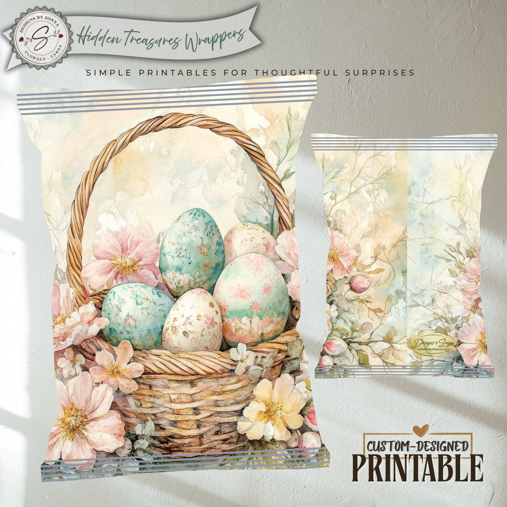 Easter Basket Chip Bag Wrapper Printable – Watercolor Eggs Floral Treat Bag – DIY Spring Easter Basket Party Favor – Snack Wrapper