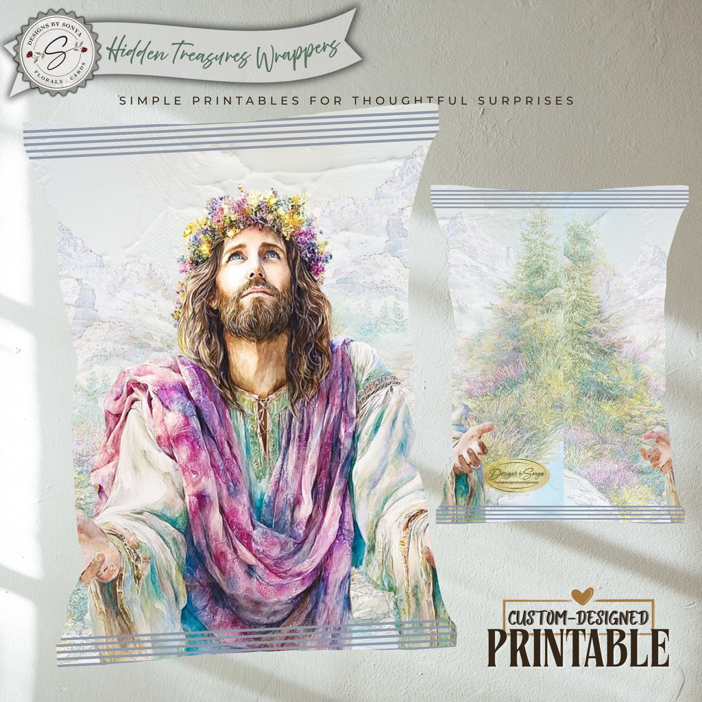 Floral Crown Jesus Printable Chip Bag Wrapper – Christian Easter Treat Bag, Faith Gift Favor, Religious Party Snack Wrapper