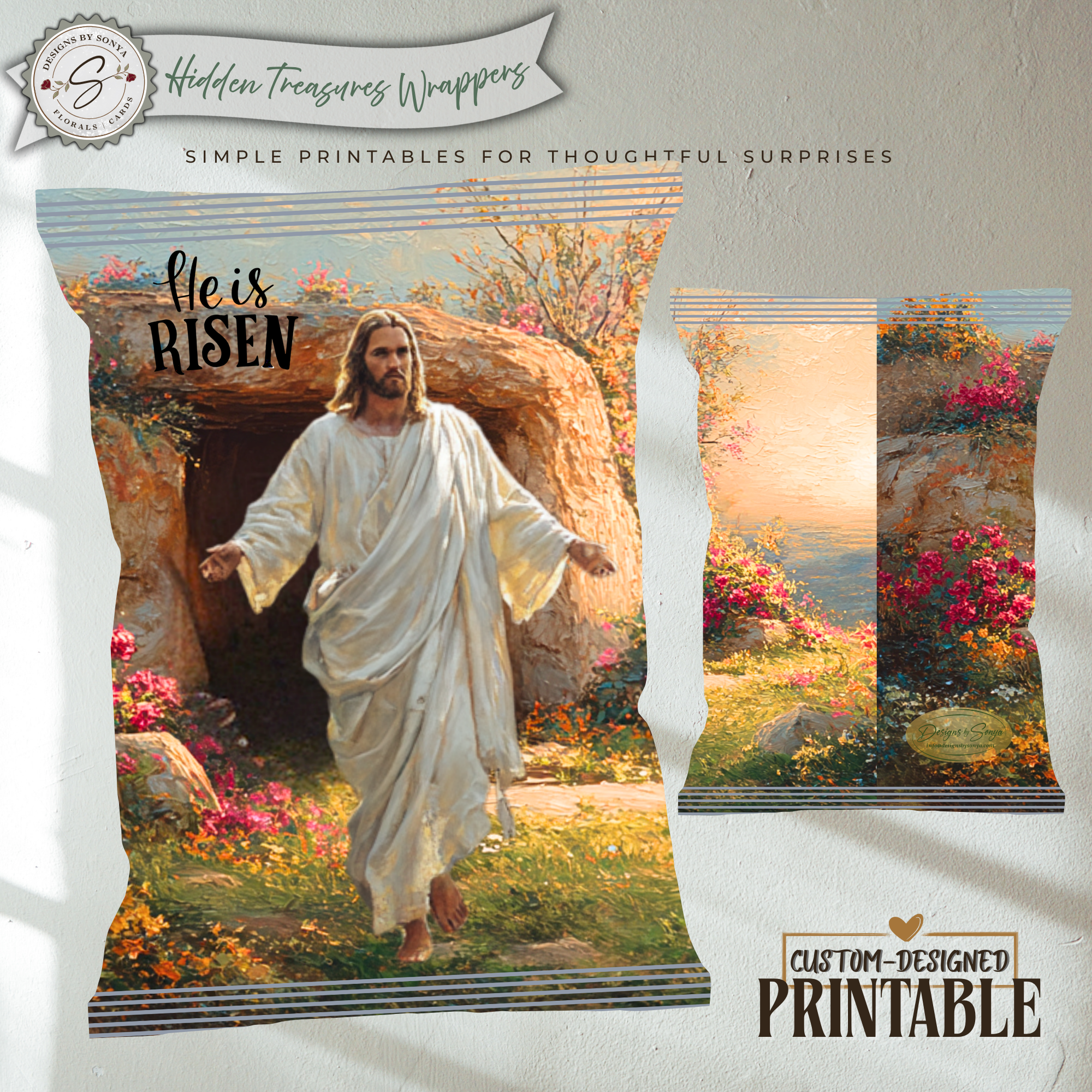 He Is Risen Printable Chip Bag Wrapper – Christian Easter Basket Treat, Resurrection Faith Gift, Religious Church Party Favor