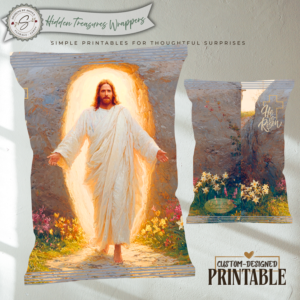 Resurrection Jesus, He Is Risen Printable Chip Bag Wrapper – Christian Easter Basket Treat, Resurrection Faith Gift, Religious Church Party Favor