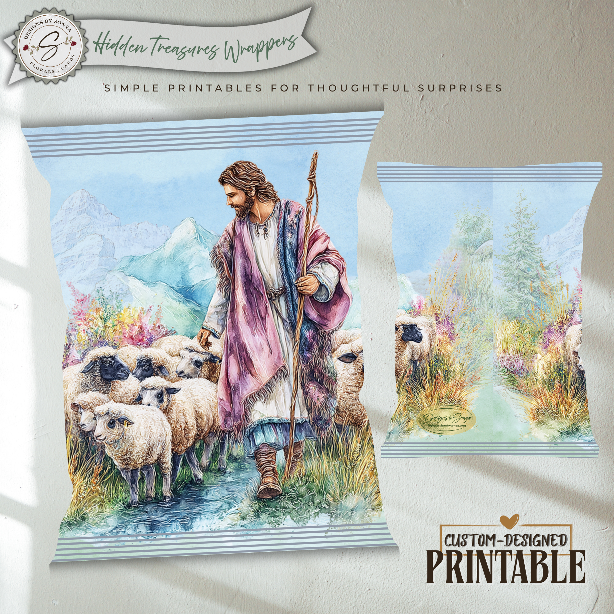 Jesus with Sheep, Good Shepherd Printable Chip Bag Wrapper – Christian Easter Basket Treat – Christian Church Party Favor,  Faith Gift