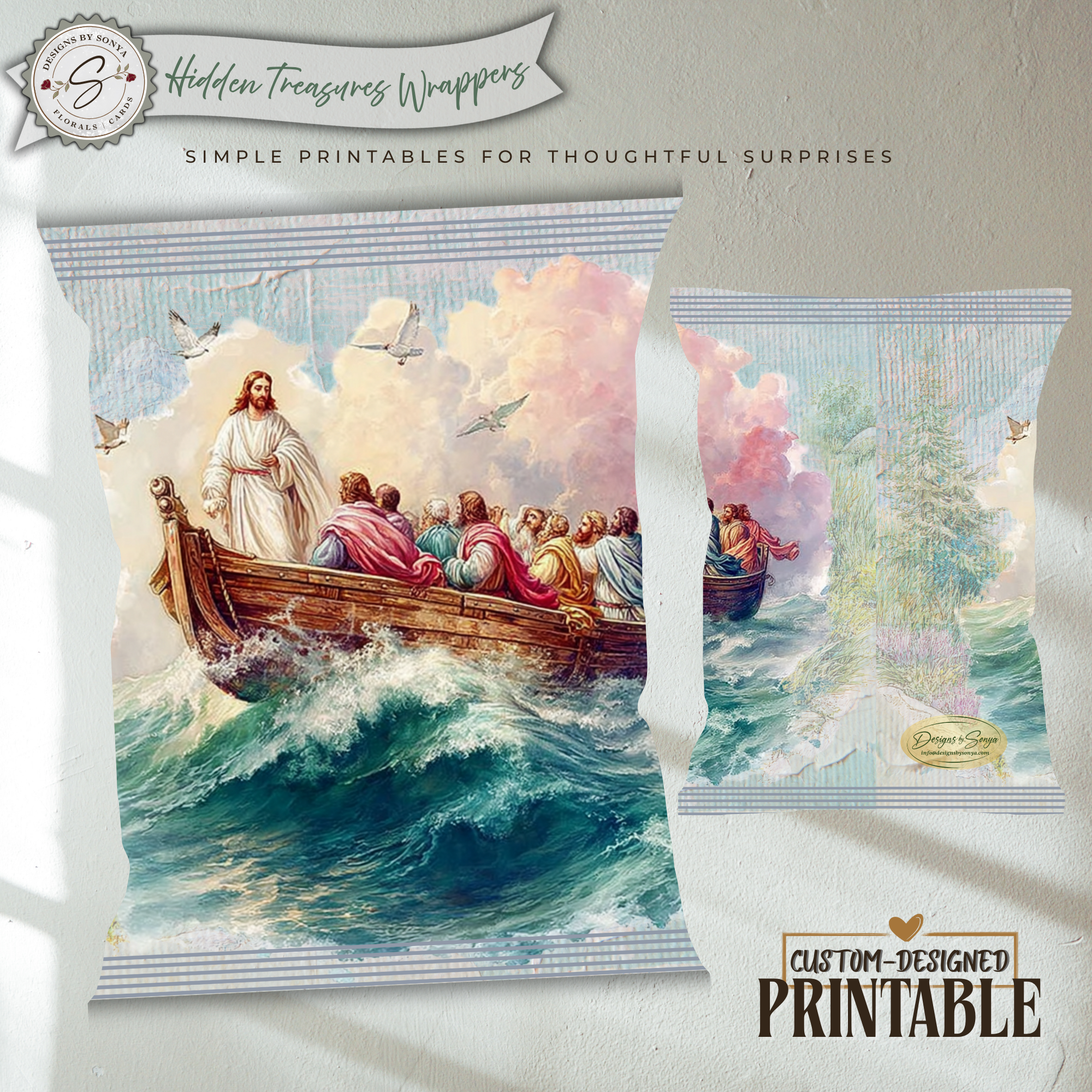 Religious Easter Basket Treat, Jesus Teaching from the Boat Printable Chip Bag Wrapper – Christian Church Party Favor,  Faith Gift