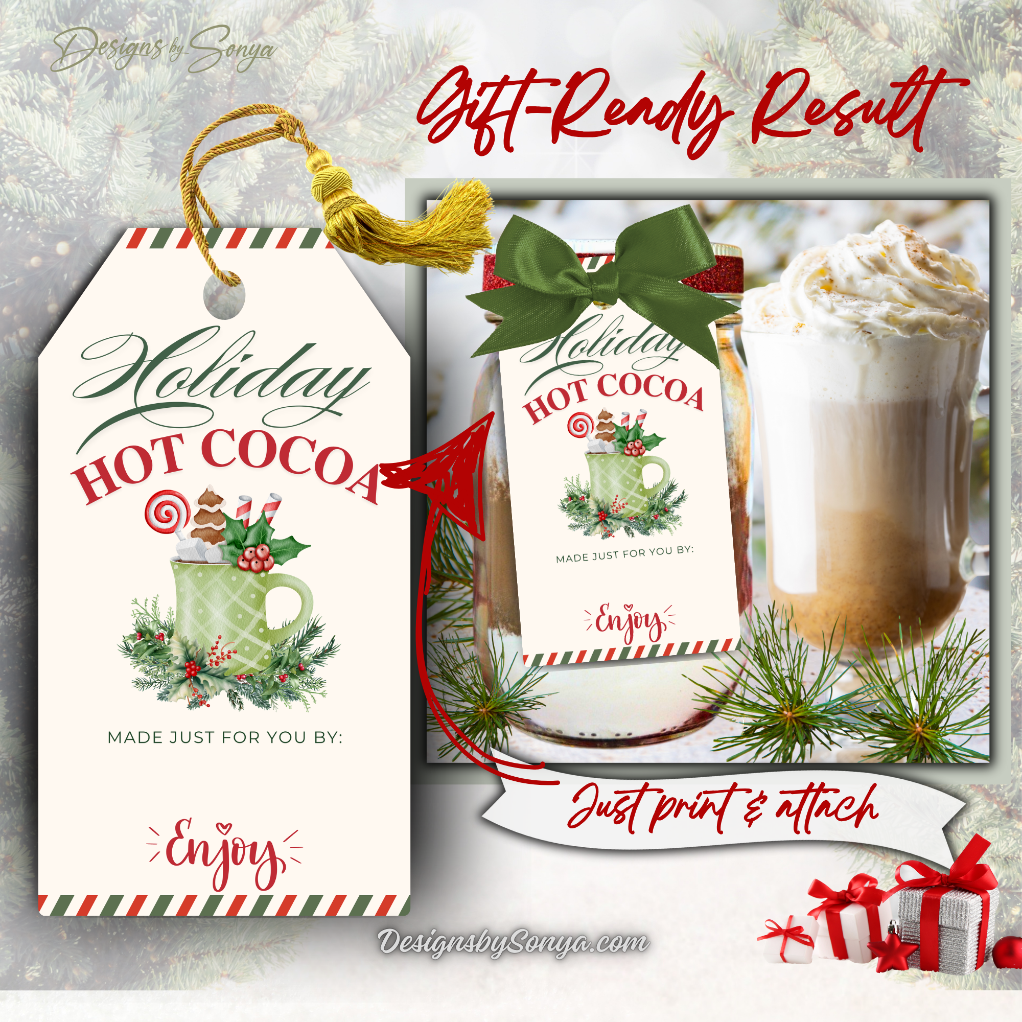 Green Mug Cocoa Tag with Striped Border
Holiday hot cocoa printable tag featuring a green mug with candy canes and whipped cream, styled for handmade and corporate gifts.