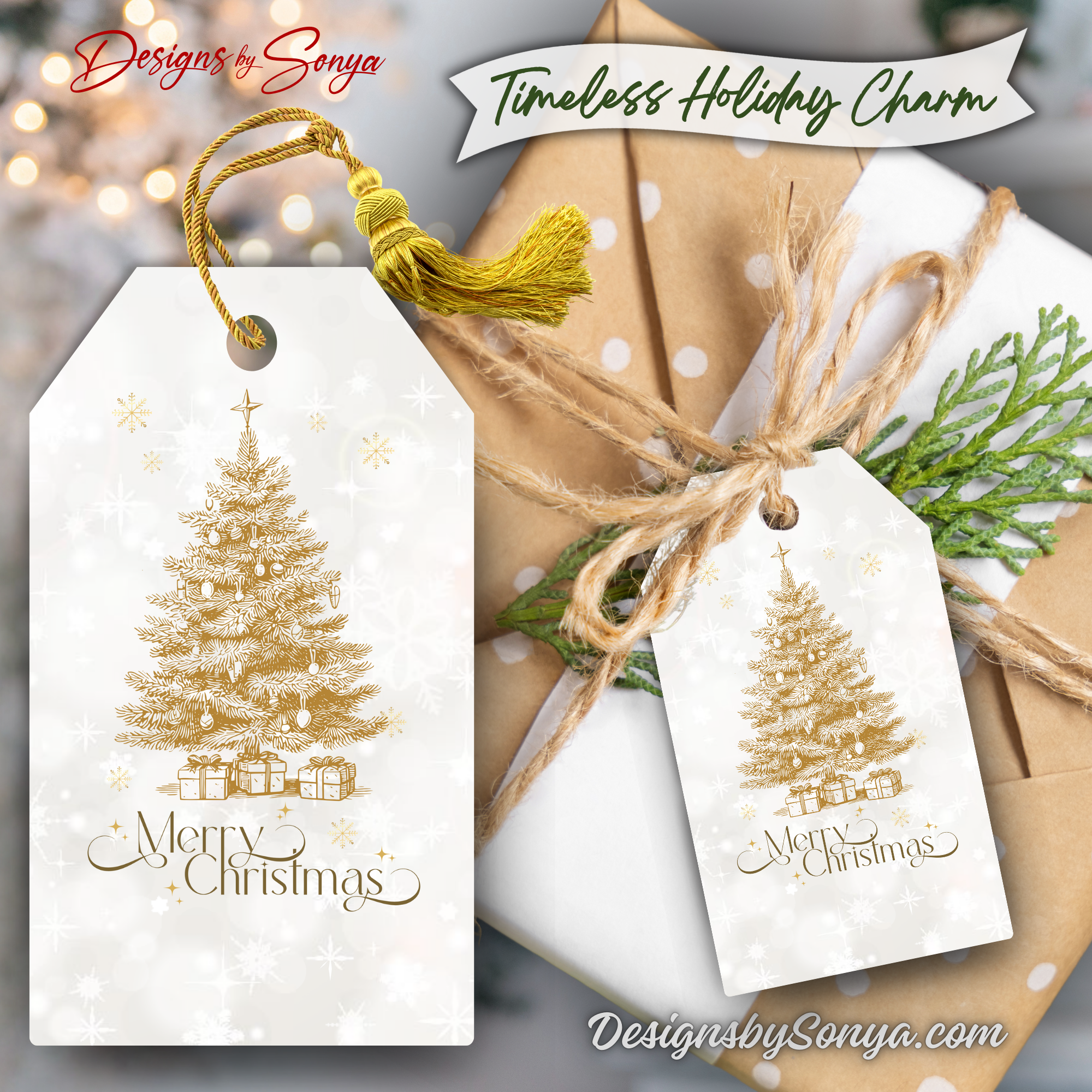 Kraft Paper Package (Timeless Holiday Charm)
Holiday printable gift tag with gold Christmas tree on rustic kraft wrapping. Banner reads “Timeless Holiday Charm,” perfect for classic holiday gift wrapping.