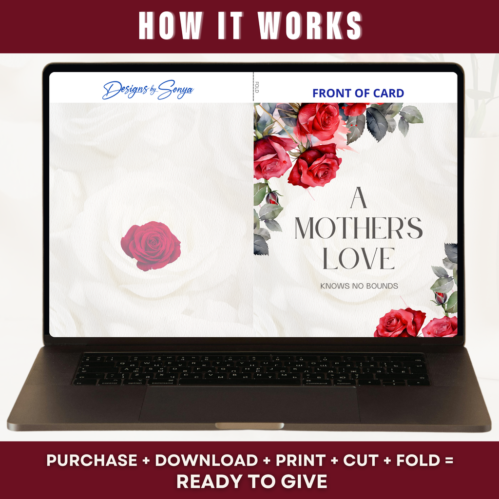 Printable Birthday Card for Mom | Elegant Red Rose Floral Greeting Card | A Mother's Love | A7 5x7 PDF