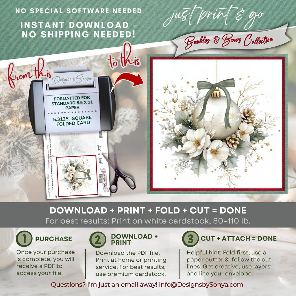 Printable Christmas Card | Sage Bow Ornament with Holly & Pinecones | Elegant Watercolor Holiday Card