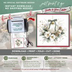Printable Christmas Card | Sage Bow Ornament with Holly & Pinecones | Elegant Watercolor Holiday Card