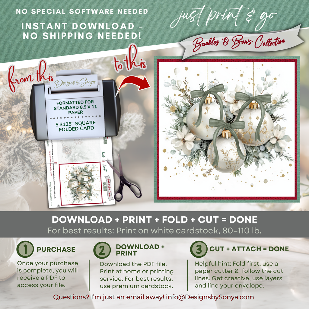 Printable Christmas Card | Sage Green Bows & Ivory Ornaments | White Winter Florals | Elegant Watercolor Square Holiday Greeting Card