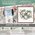 Printable Christmas Card | Sage Green Bows & Ivory Ornaments | White Winter Florals | Elegant Watercolor Square Holiday Greeting Card