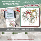 Printable Christmas Card | Red Gold & Sage Green Bow Ornaments | Elegant Watercolor Floral Square Holiday Greeting Card