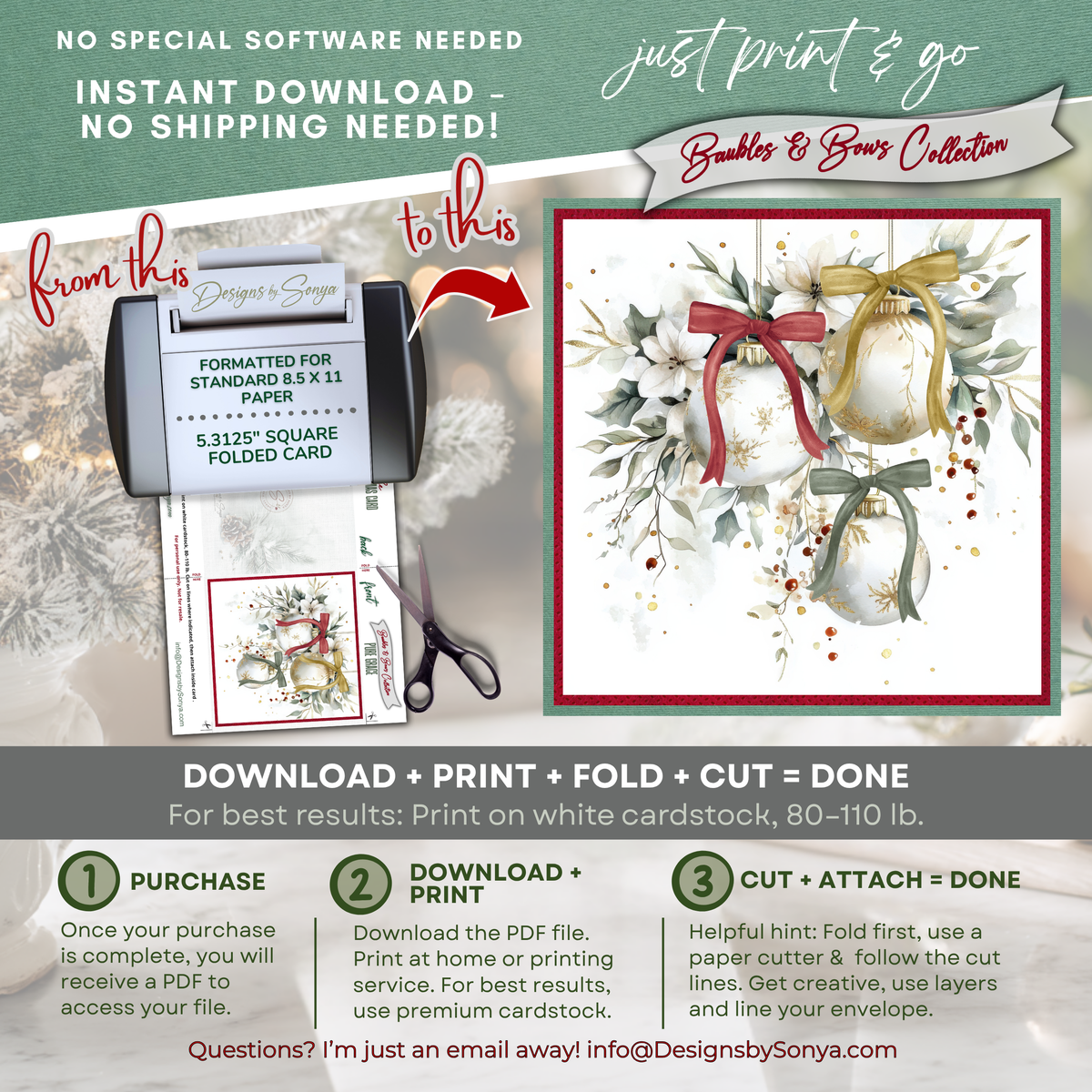 Printable Christmas Card | Red Gold & Sage Green Bow Ornaments | Elegant Watercolor Floral Square Holiday Greeting Card