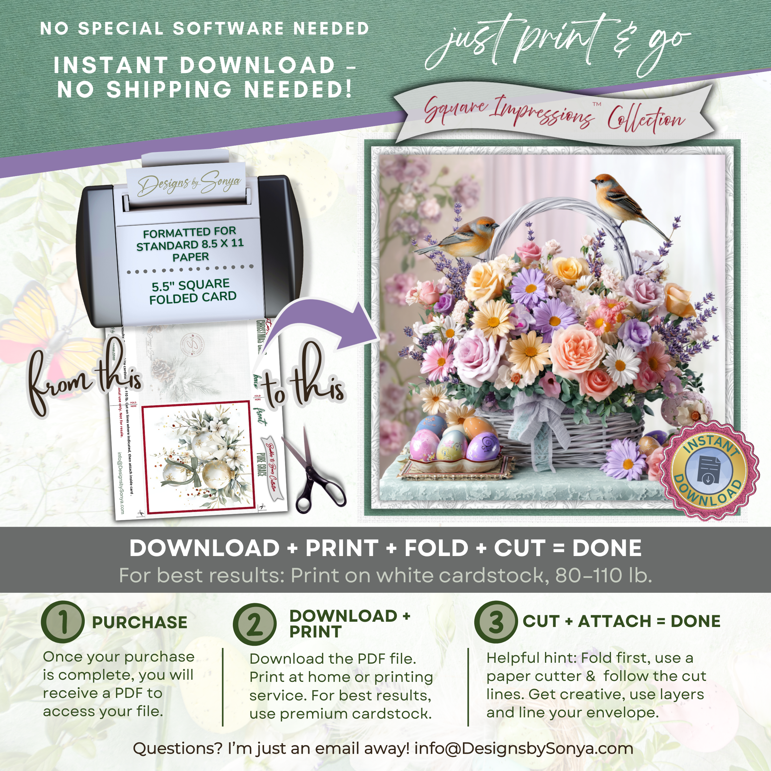 Easter Floral Basket Printable Card – 5.5” Square Watercolor Spring Greeting Note Card with Pastel Blooms, Birds & Decorated Eggs