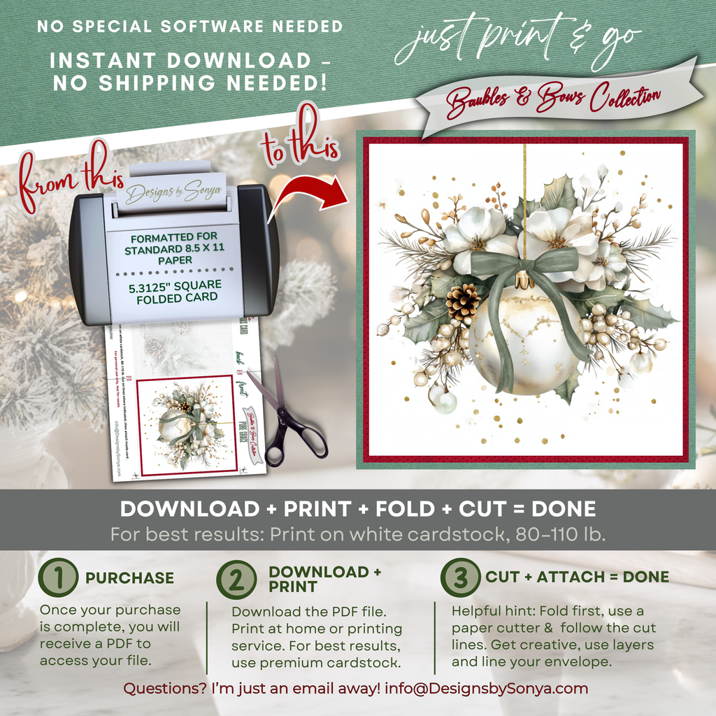 Printable Christmas Card | Sage Green Bow Ornament & White Magnolia Florals | Elegant Watercolor Square Holiday Greeting Card