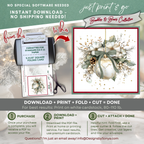 Printable Christmas Card | Sage Green Bow Ornament & White Magnolia Florals | Elegant Watercolor Square Holiday Greeting Card