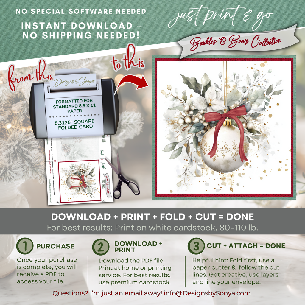 Printable Christmas Card | Red Bow Ornament & White Winter Florals | Elegant Square Holiday Greeting Card