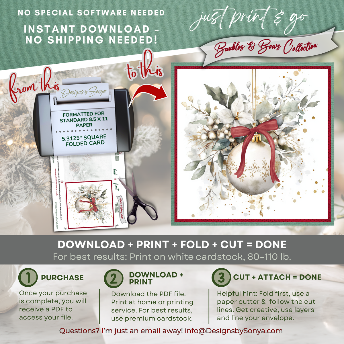 Printable Christmas Card | Red Bow Ornament & White Winter Florals | Elegant Square Holiday Greeting Card