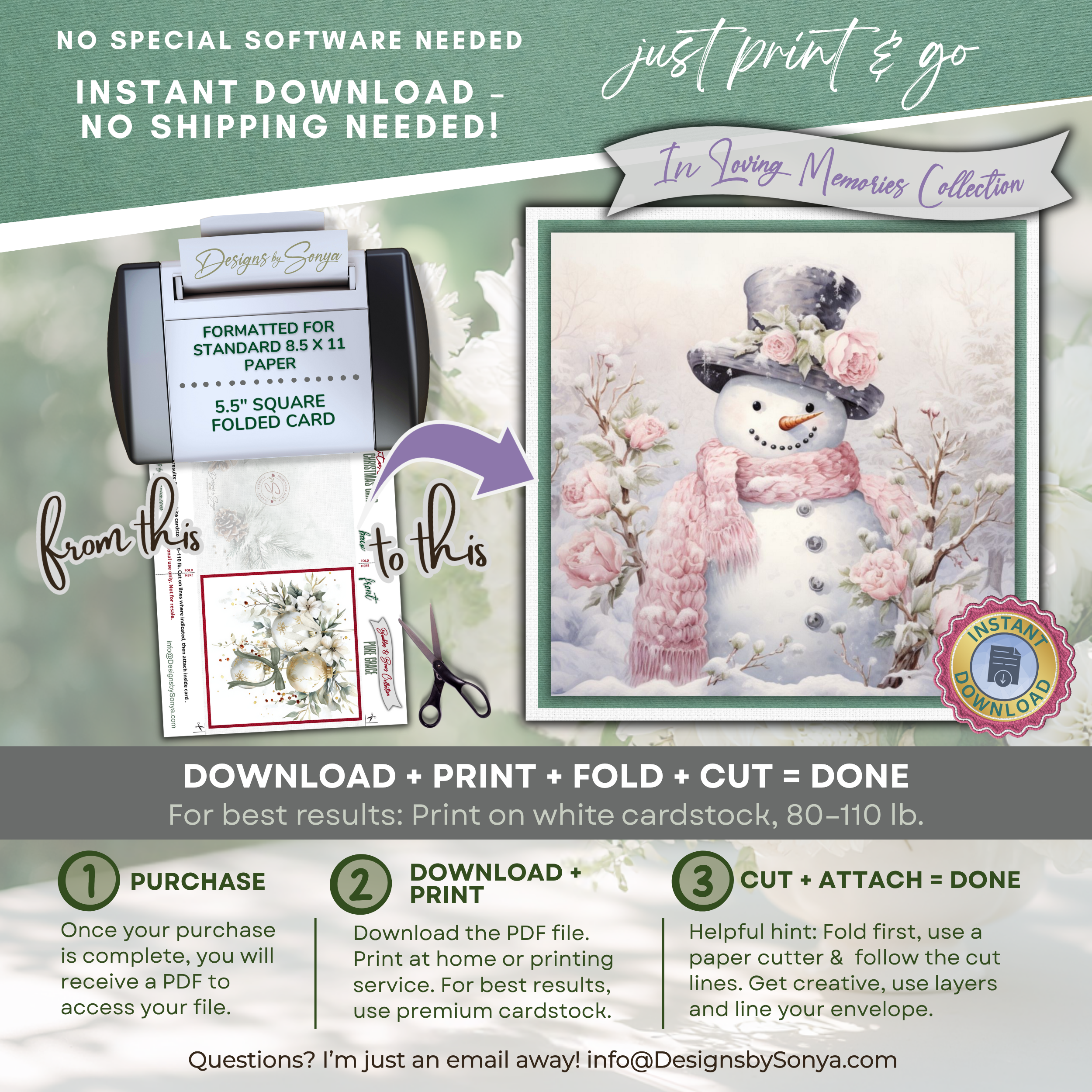 Printable Pink Snowman Christmas Card | Square Floral Holiday Card | 5.5” Square | Envelope Liner | Instant Download | Pastel Winter Note Card
