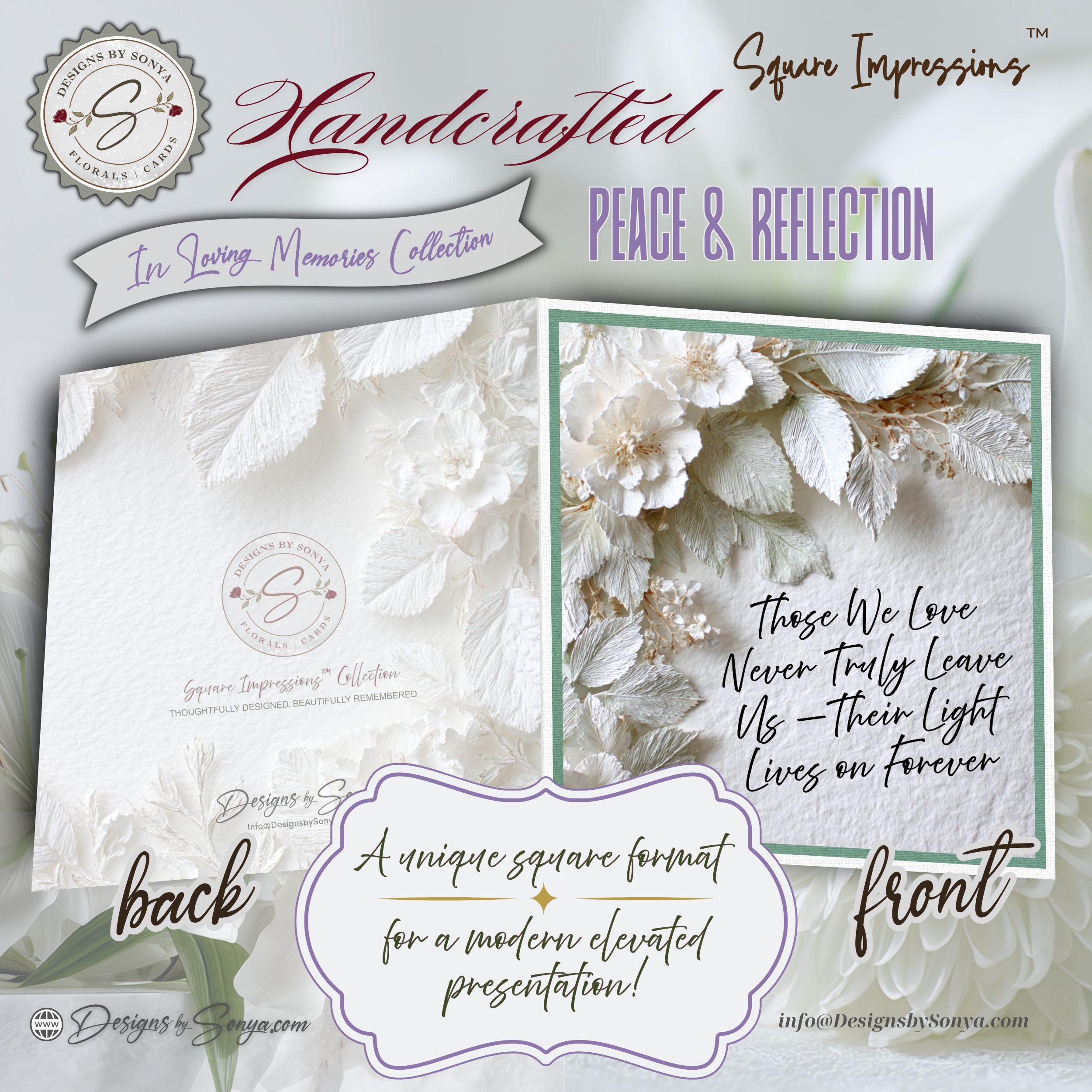 Handcrafted Square Sympathy Card – Peace & Reflection Florals, Memorial Condolence Card with Lined Coordinated Envelope, In Loving Memory Keepsake Gift