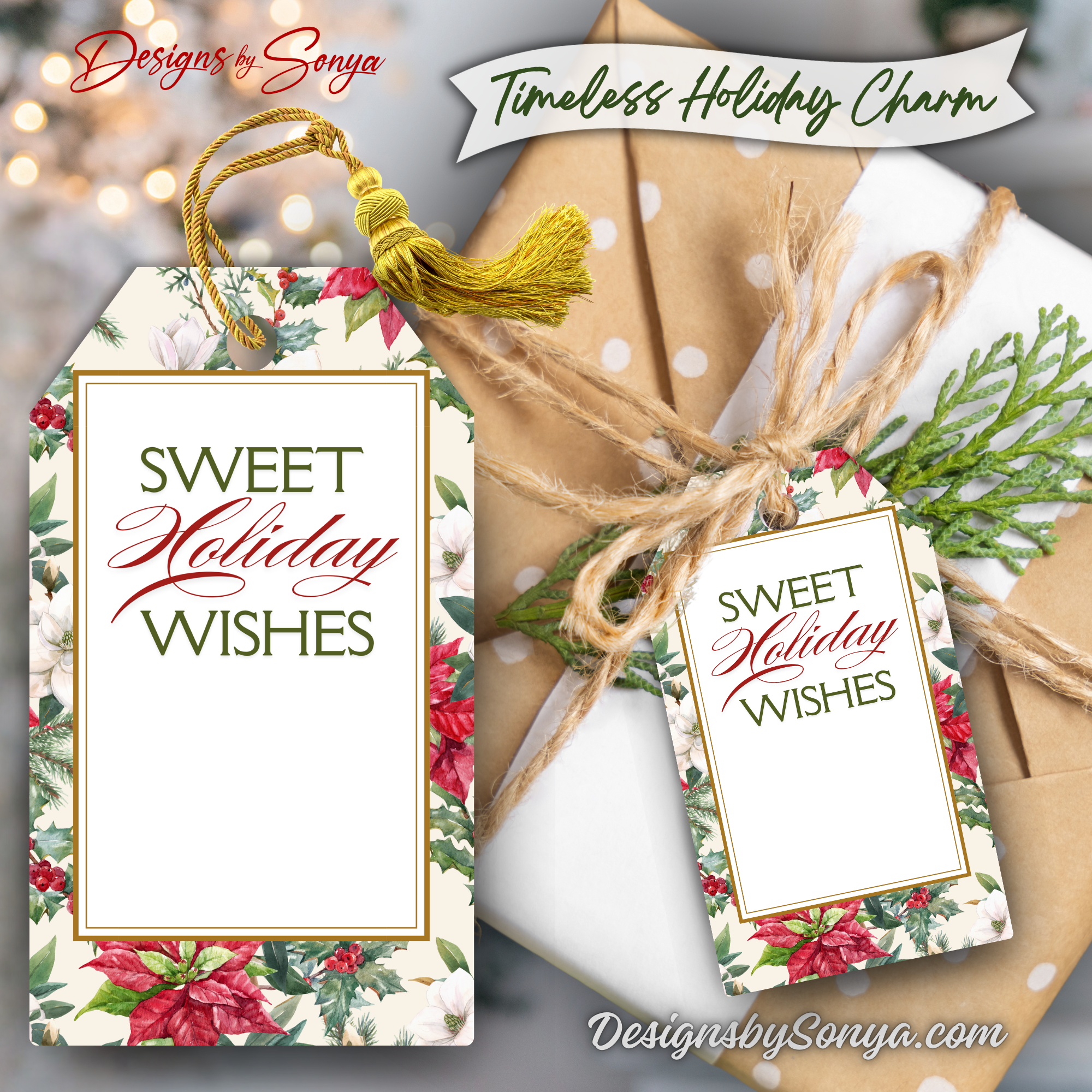 Poinsettia Holiday Gift Tags
Elegant holiday gift tags with classic poinsettia borders. Perfect for wrapping Christmas presents and seasonal baked goods.