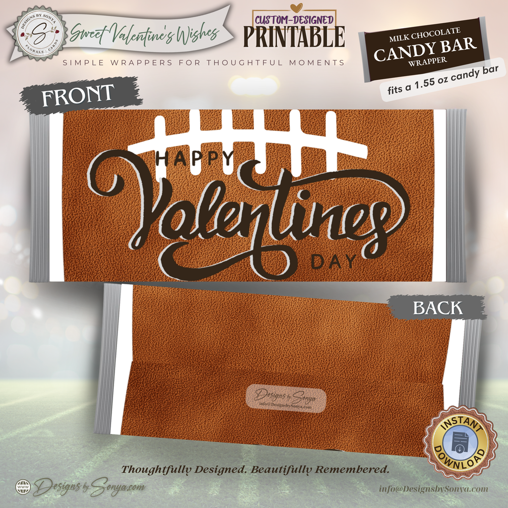 Football Valentine Candy Bar Wrapper Printable – Happy Valentine’s Day Chocolate Wrapper for 1.55 oz Candy Bars – Classroom Party Favor Treat