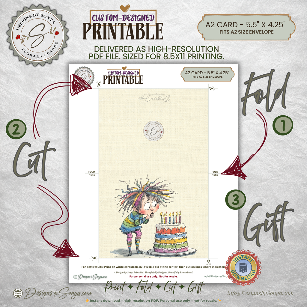 Whimsical Rainbow Birthday Printable A2 Card – Playful Watercolor Child with Cake – Instant Download Greeting Card 5.5 x 4.25