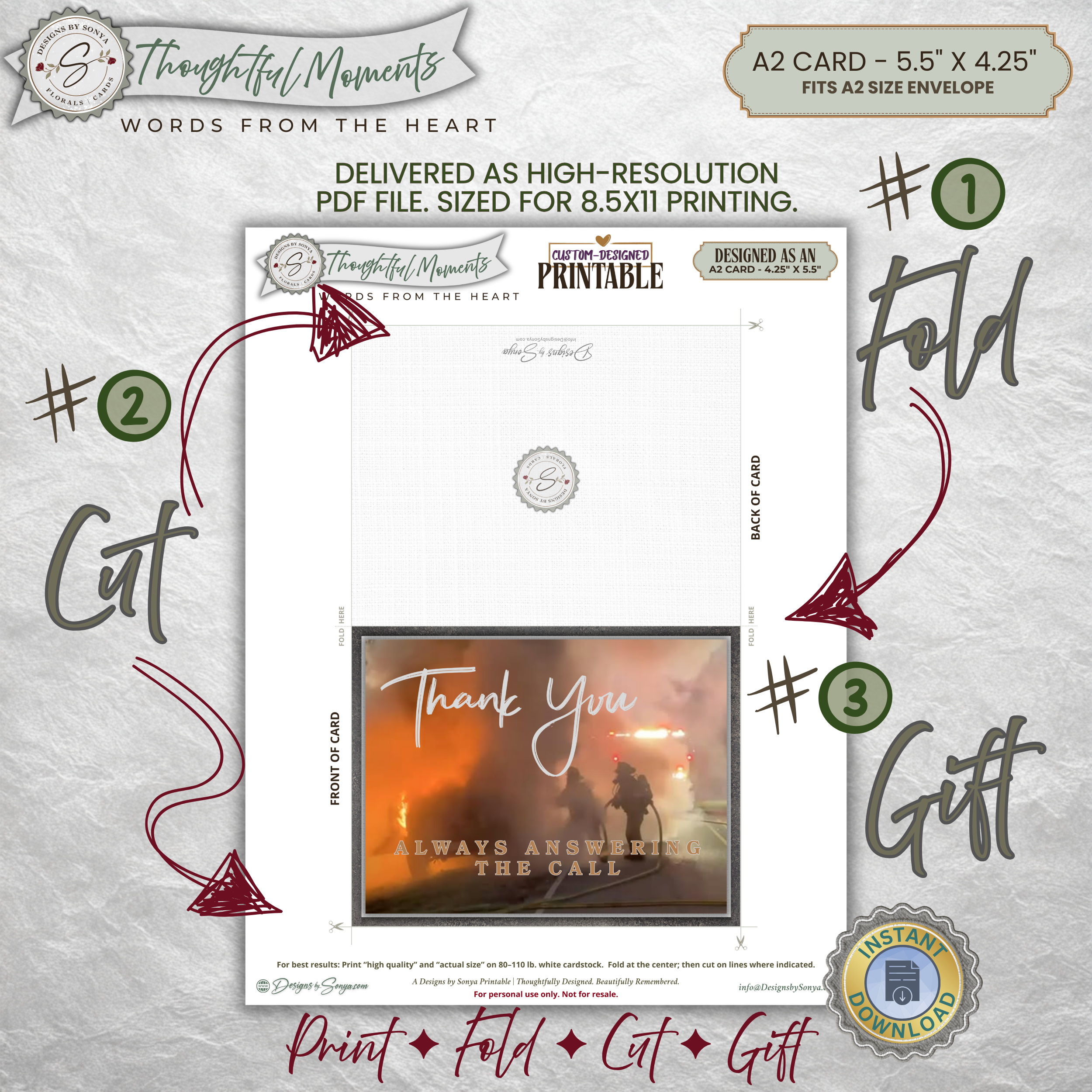 Printable First Responder Thank You Card, A2 Folded Appreciation Card, Always Answering the Call for Firefighters, EMT & Police