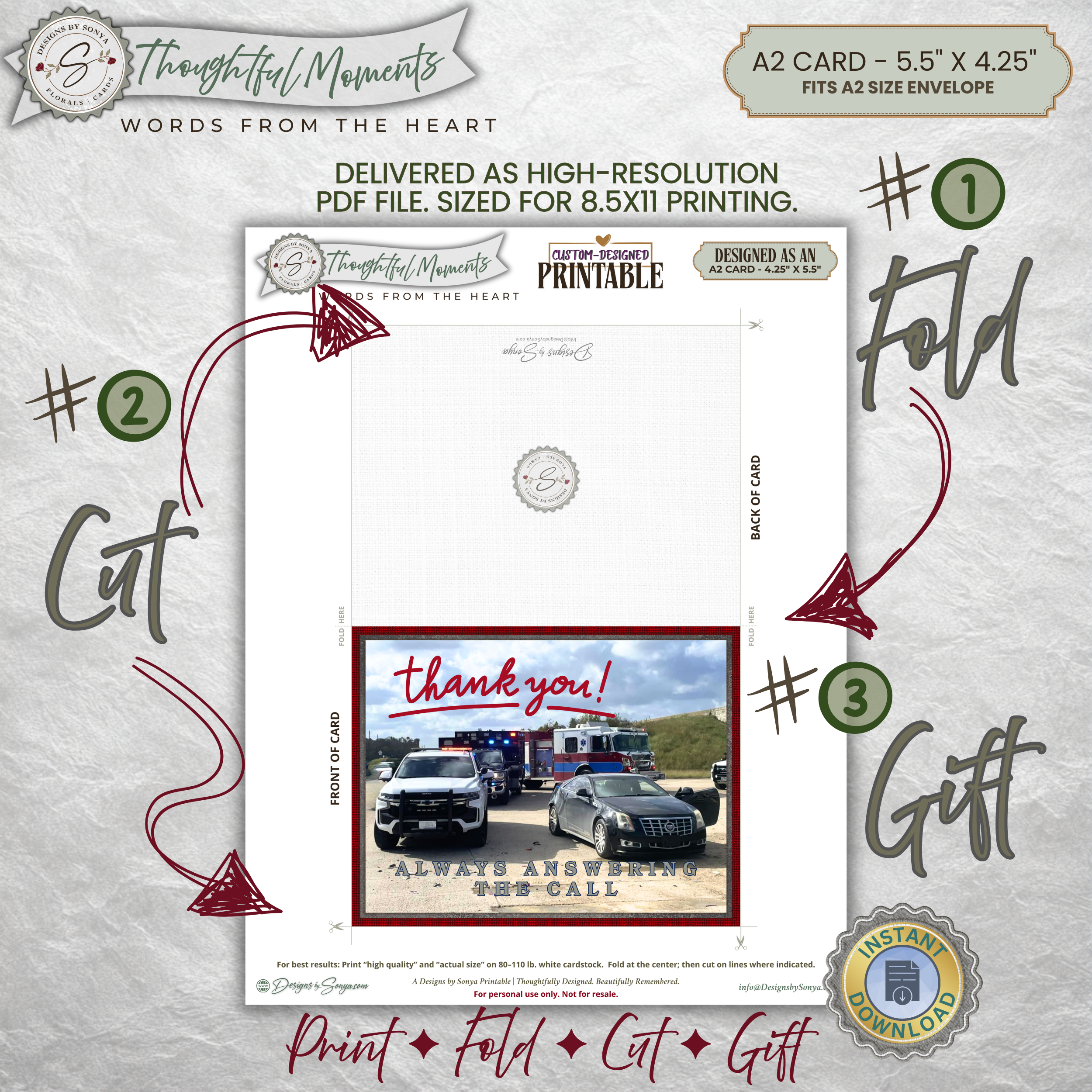 Police Fire EMS Thank You Card Printable A2 – First Responder Appreciation Card – Always Answering the Call Emergency Services Card