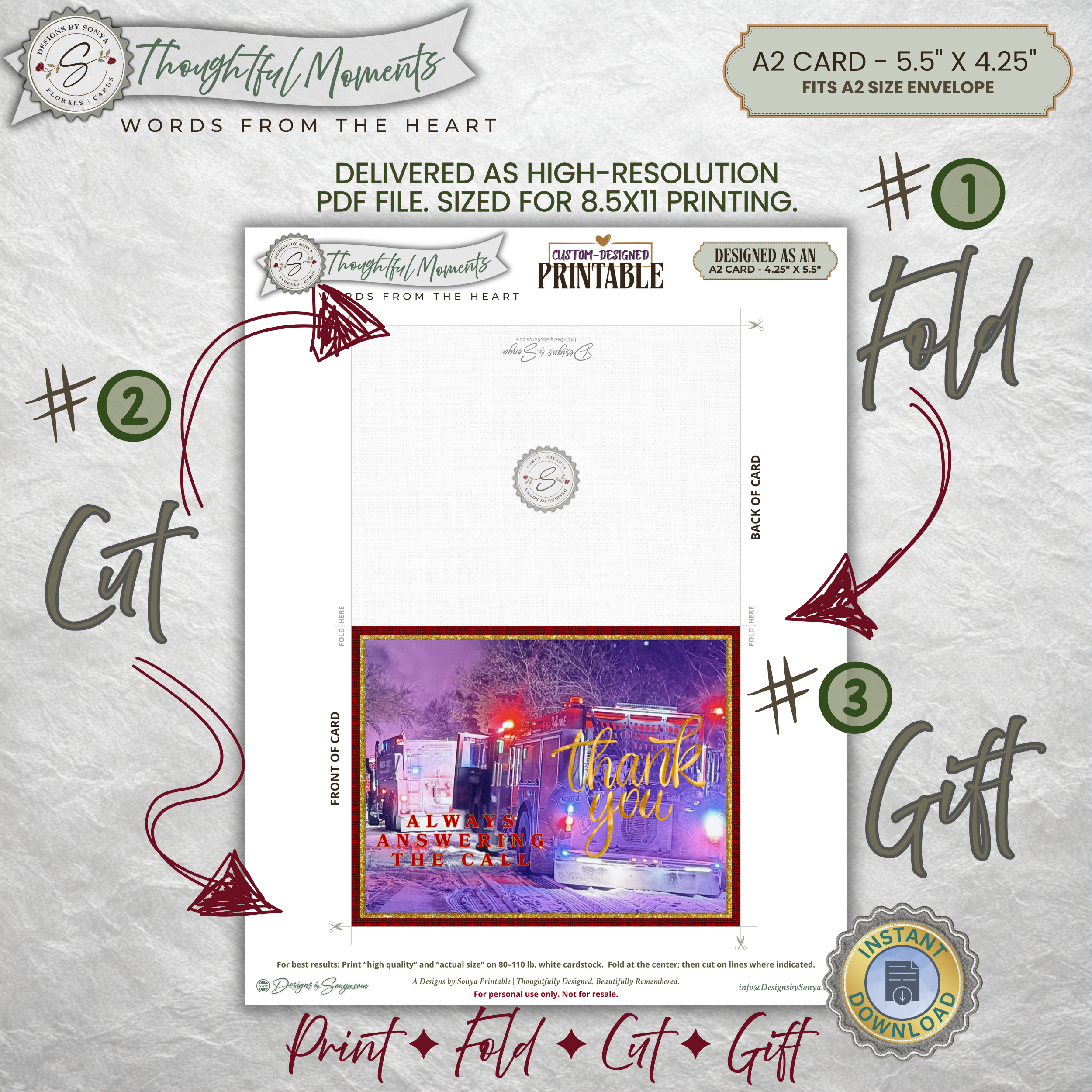 First Responder Thank You Card Printable, A2 Folded Card, Always Answering the Call Appreciation Card for Firefighters EMT Police